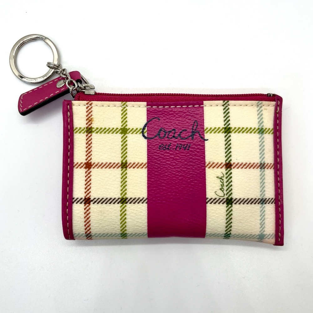 Coach Pink and Cream Plaid Key Pouch